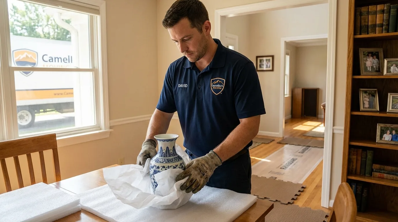 Professional crew carefully wrapping antique vase for senior downsizing move in Coon Rapids, IA